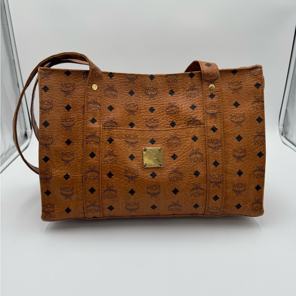 MCM Vintage Cognac Visetos Monogram Shopper Tote Shoulder Bag Large EUC